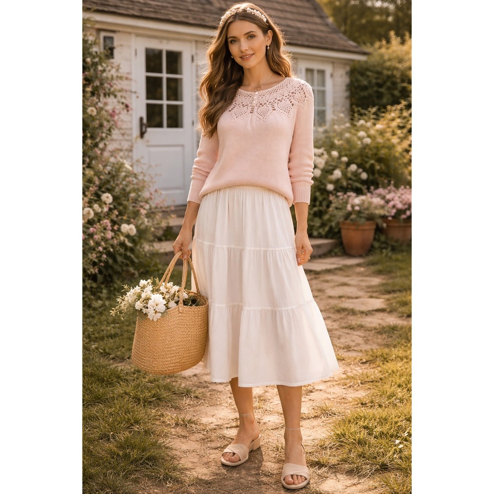 Cottagecore Prairie Pale Baby Pink Crochet Lace Pearls‎ Vintage Knit M Sweater